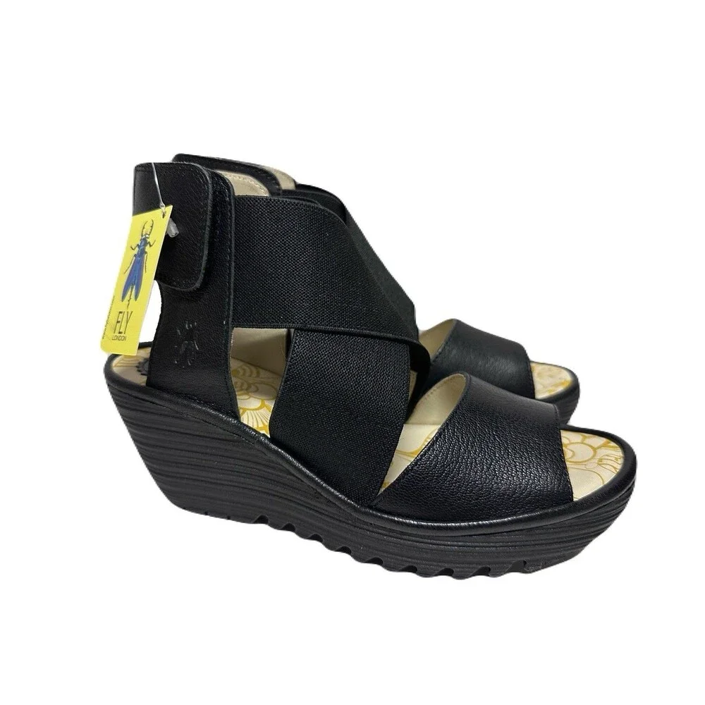 NEW FLY London Womens Size 6.5-7 37 Yuba Black Leather Crossover Wedge Sandals